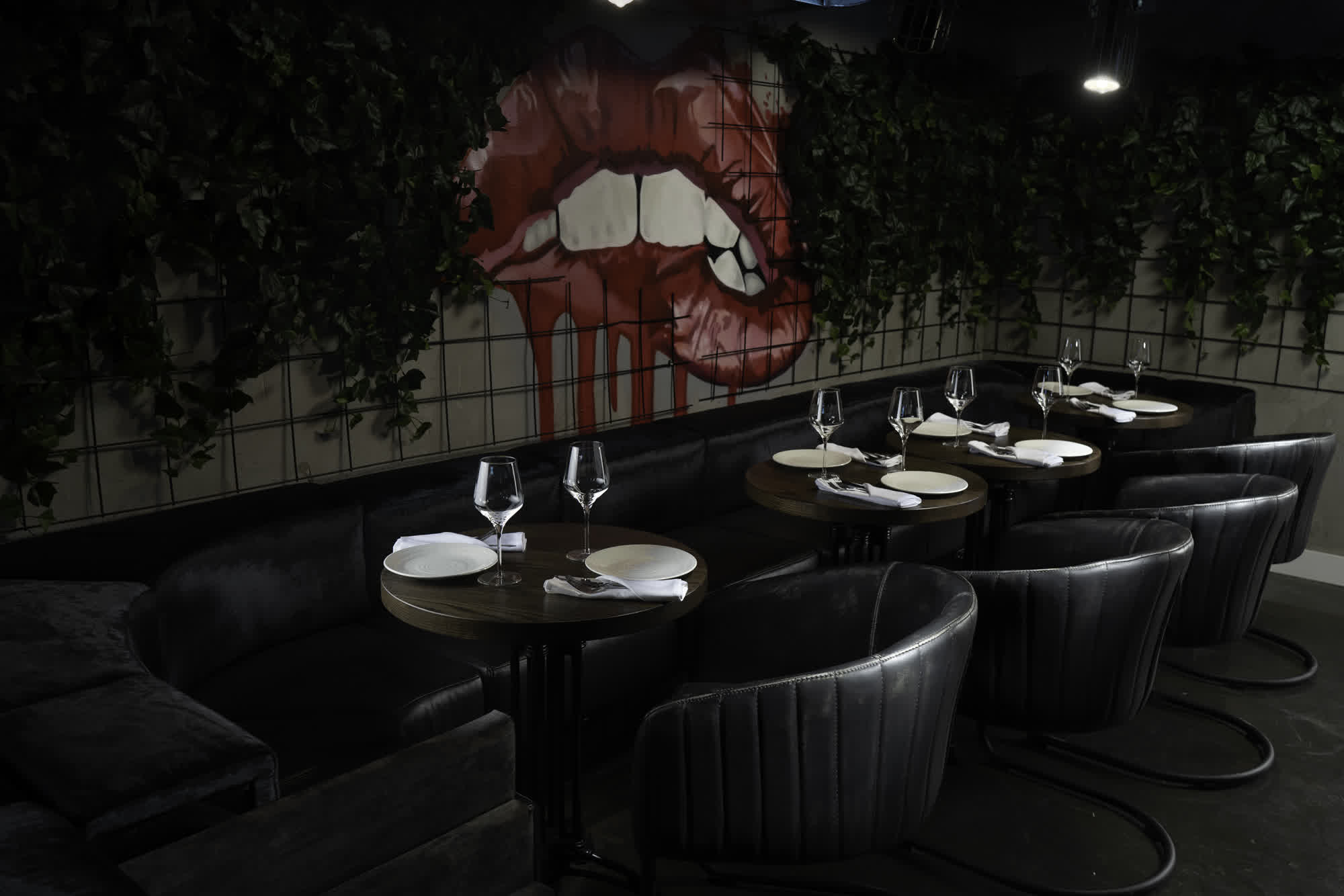 The Farsides lounge — lips mural over the banquette